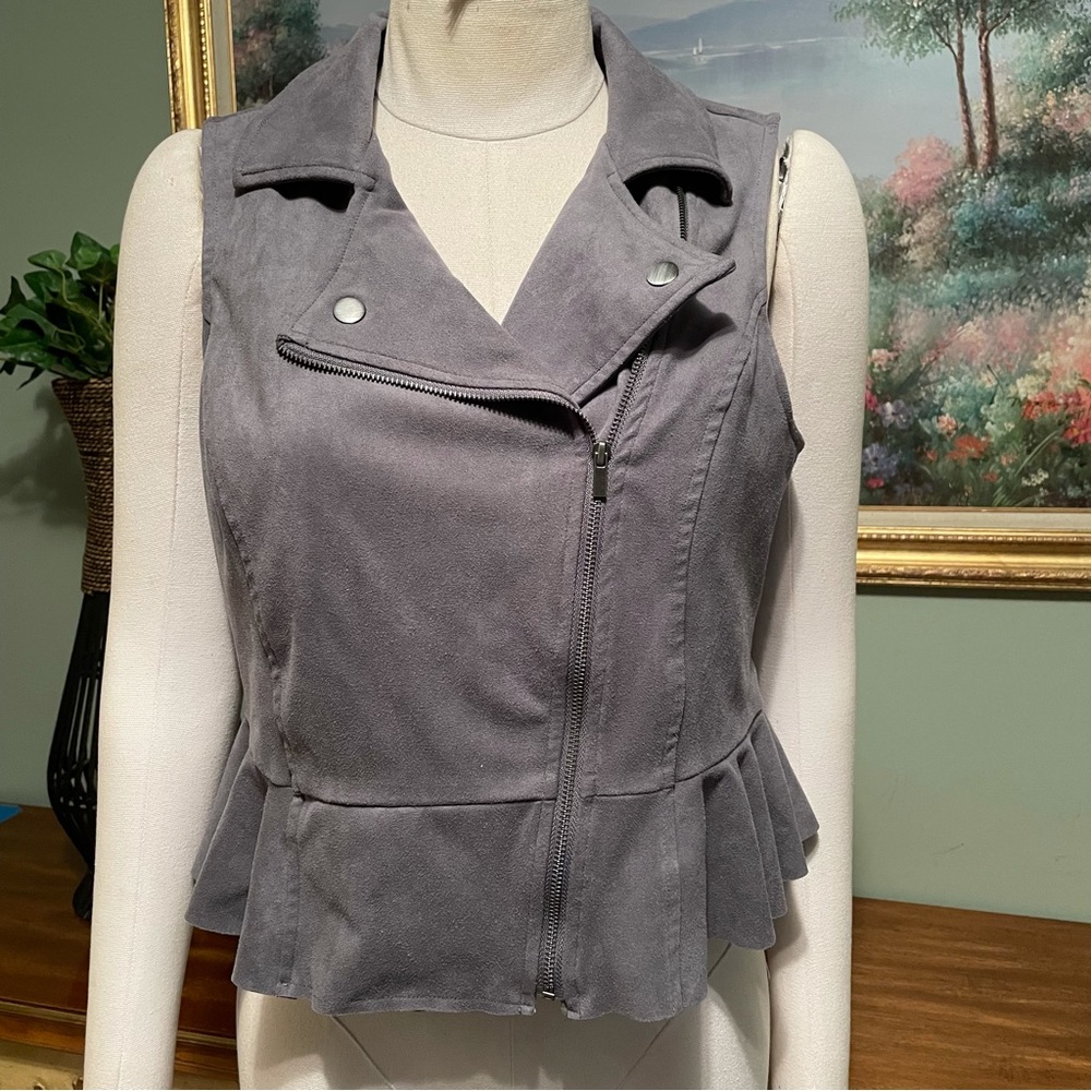 Lauren Conrad Gray Faux Suede Peplum Moto Vest